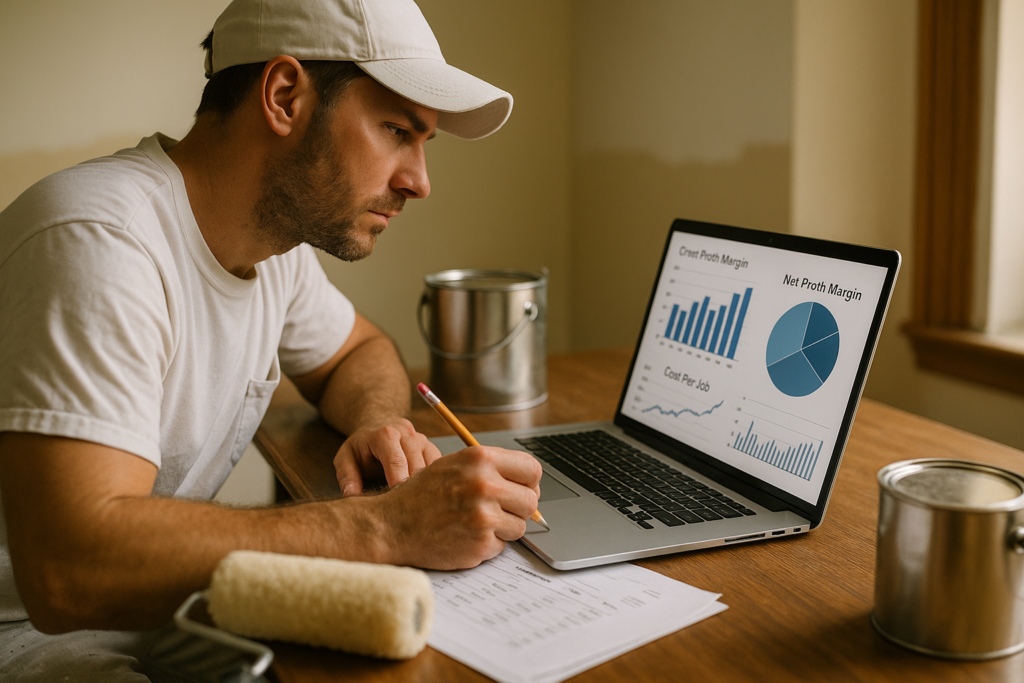 Ultra realistic image for How Painting and Decorating Businesses Track Job Profitability. Focus: intimate interior detail shot with shallow depth of field, ultra realistic