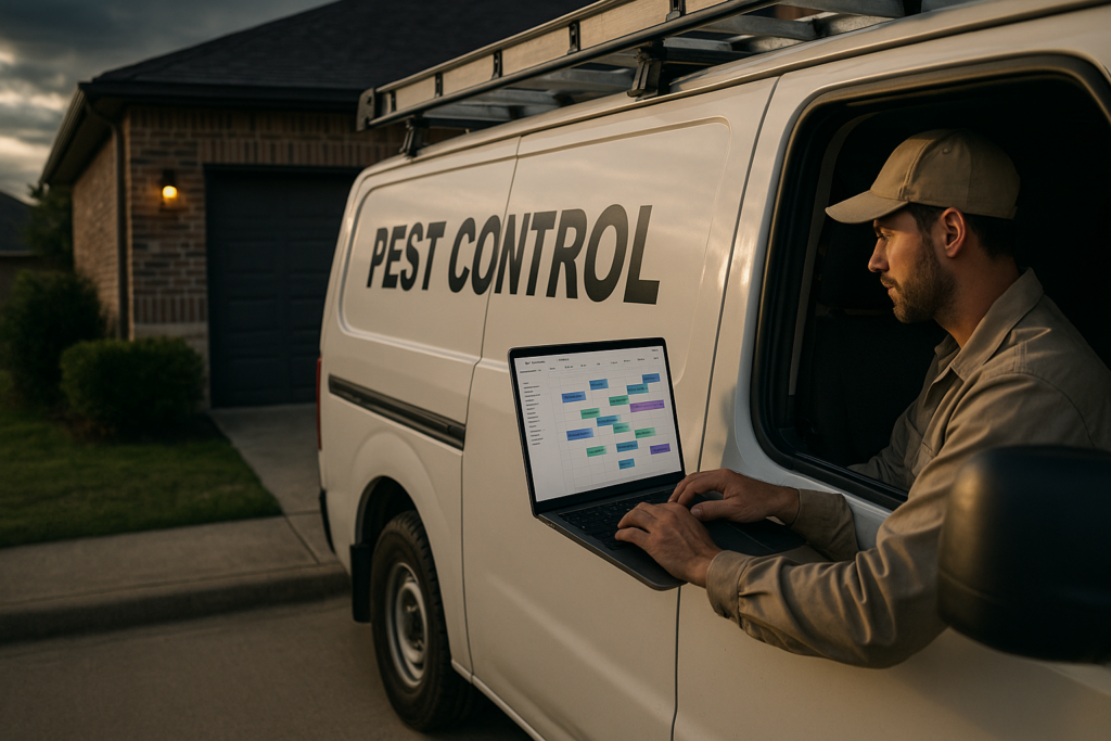 Ultra realistic image for How Pest Control Companies Manage Recurring Service Visits. Focus: wide cinematic exterior view with dramatic lighting, ultra realistic
