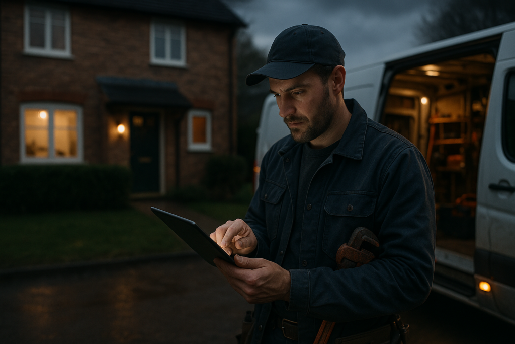 Ultra realistic image for How Plumbers Are Saving 10 Hours a Week With Job Management Software. Focus: wide cinematic exterior view with dramatic lighting, ultra realistic