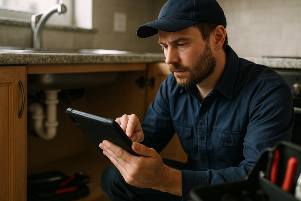 Ultra realistic image for How Plumbers Are Saving 10 Hours a Week With Job Management Software. Focus: intimate interior detail shot with shallow depth of field, ultra realistic