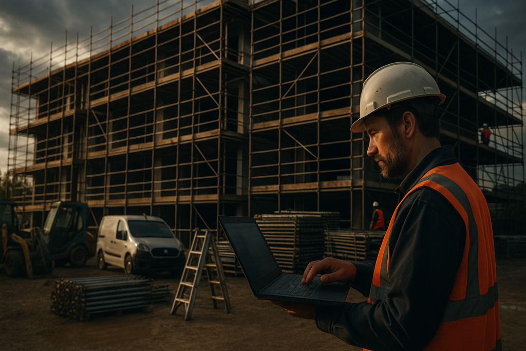 Ultra realistic image for How Scaffolding Companies Track Equipment and Labour. Focus: wide cinematic exterior view with dramatic lighting, ultra realistic