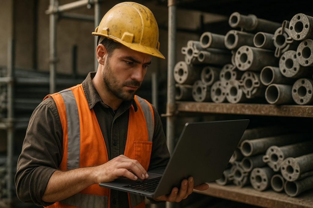 Ultra realistic image for How Scaffolding Companies Track Equipment and Labour. Focus: intimate interior detail shot with shallow depth of field, ultra realistic