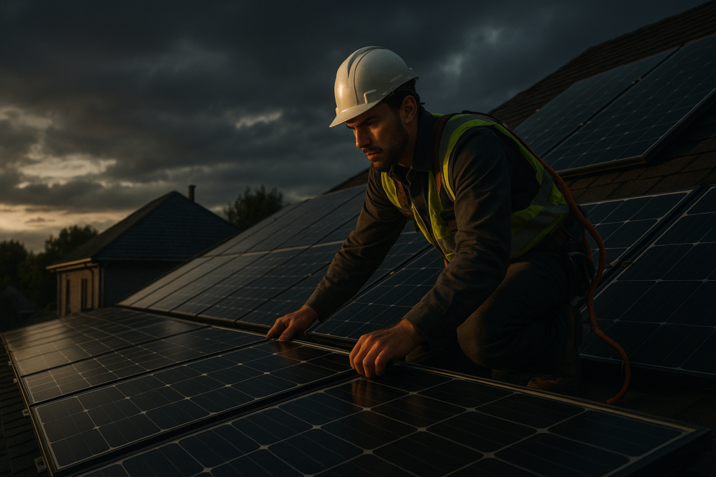 Ultra realistic image for How Solar Panel Installers Manage Complex Installations. Focus: wide cinematic exterior view with dramatic lighting, ultra realistic