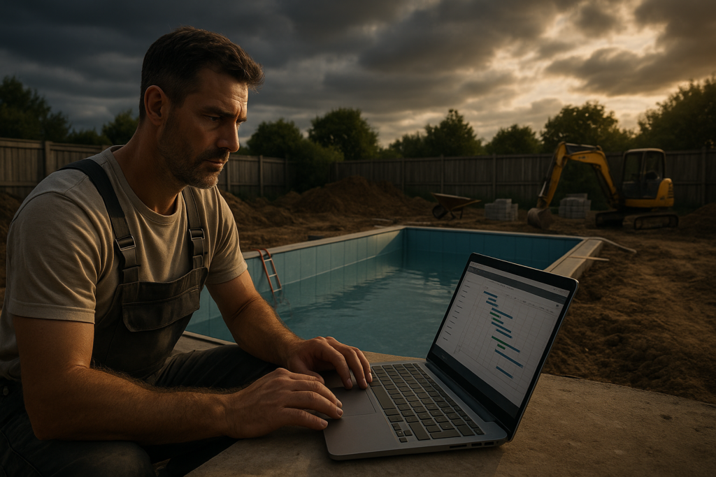 Ultra realistic image for How Swimming Pool Installers Manage Long-Term Projects. Focus: wide cinematic exterior view with dramatic lighting, ultra realistic