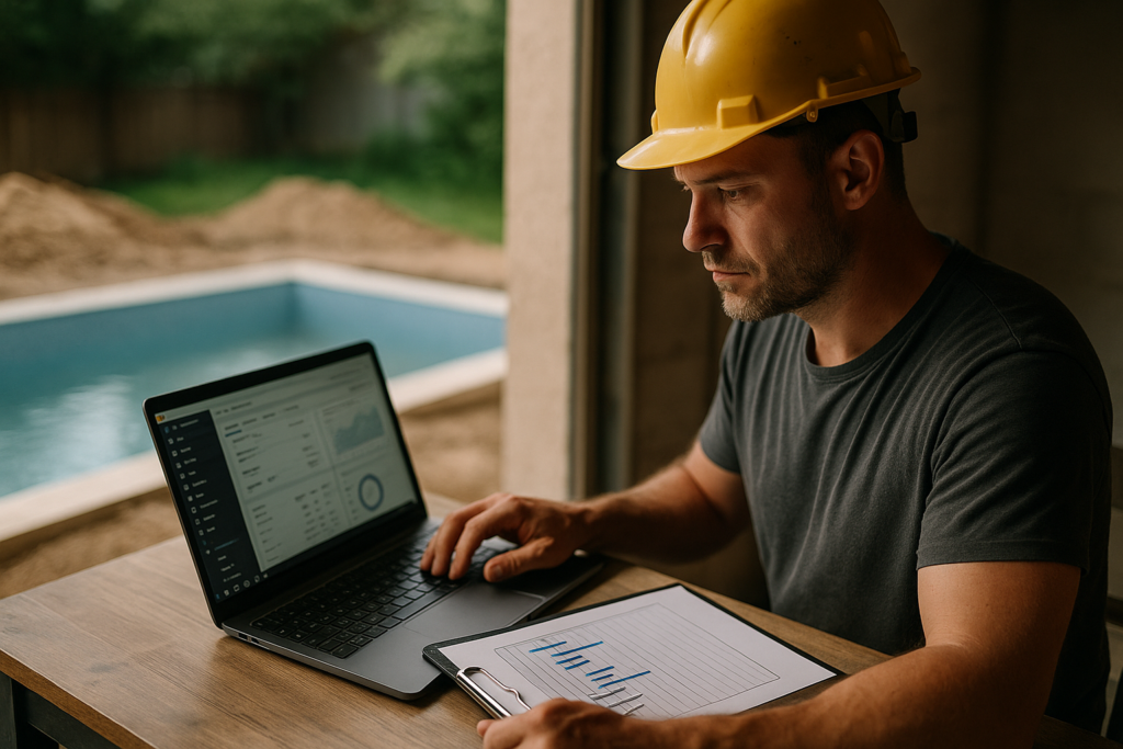 Ultra realistic image for How Swimming Pool Installers Manage Long-Term Projects. Focus: intimate interior detail shot with shallow depth of field, ultra realistic