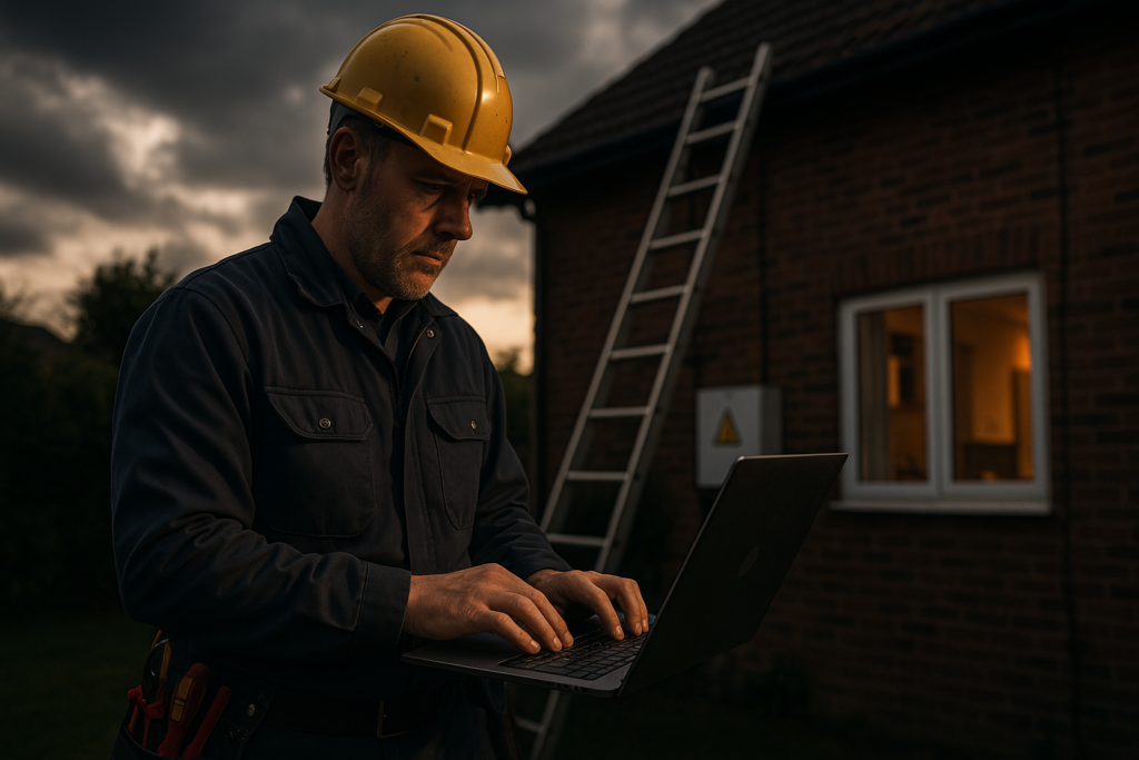 Ultra realistic image for How UK Electricians Improve Estimates With Digital Tools. Focus: wide cinematic exterior view with dramatic lighting, ultra realistic