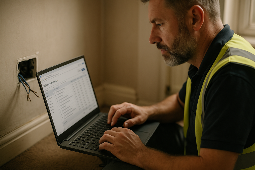 Ultra realistic image for How UK Electricians Improve Estimates With Digital Tools. Focus: intimate interior detail shot with shallow depth of field, ultra realistic