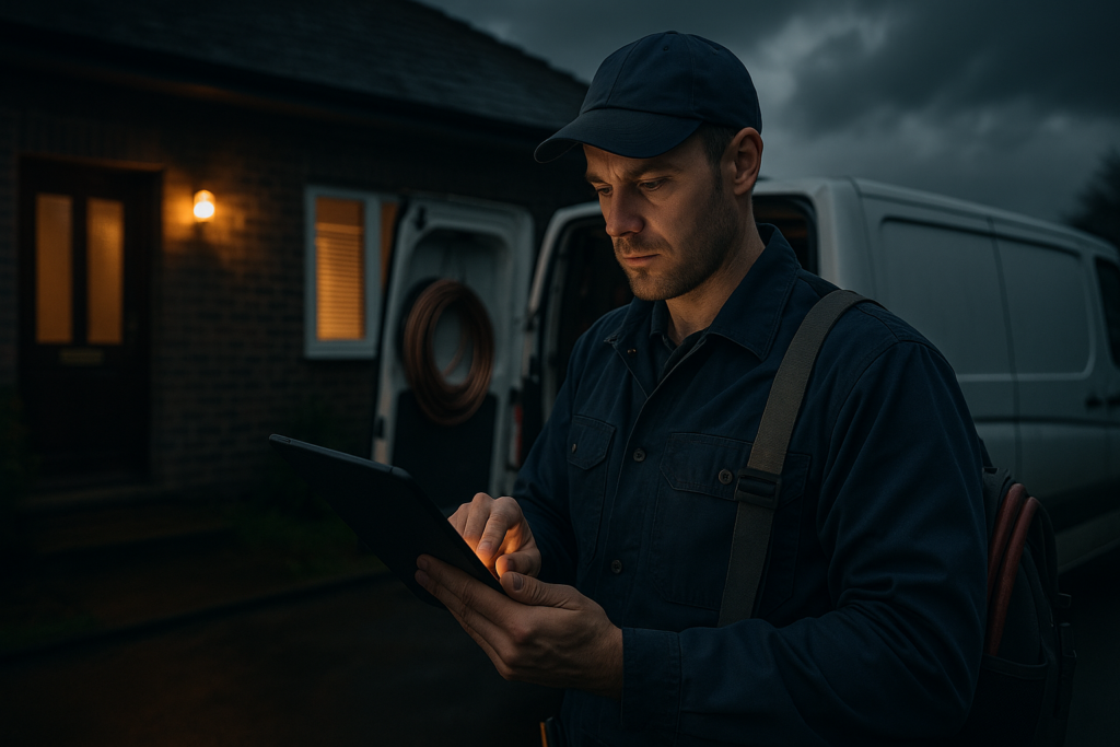 Ultra realistic image for How UK Plumbers Improve Customer Experience With Real Time Apps. Focus: wide cinematic exterior view with dramatic lighting, ultra realistic