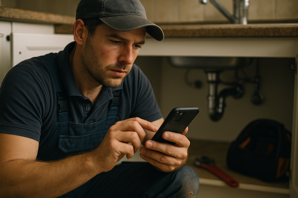 Ultra realistic image for How UK Plumbers Improve Customer Experience With Real Time Apps. Focus: intimate interior detail shot with shallow depth of field, ultra realistic