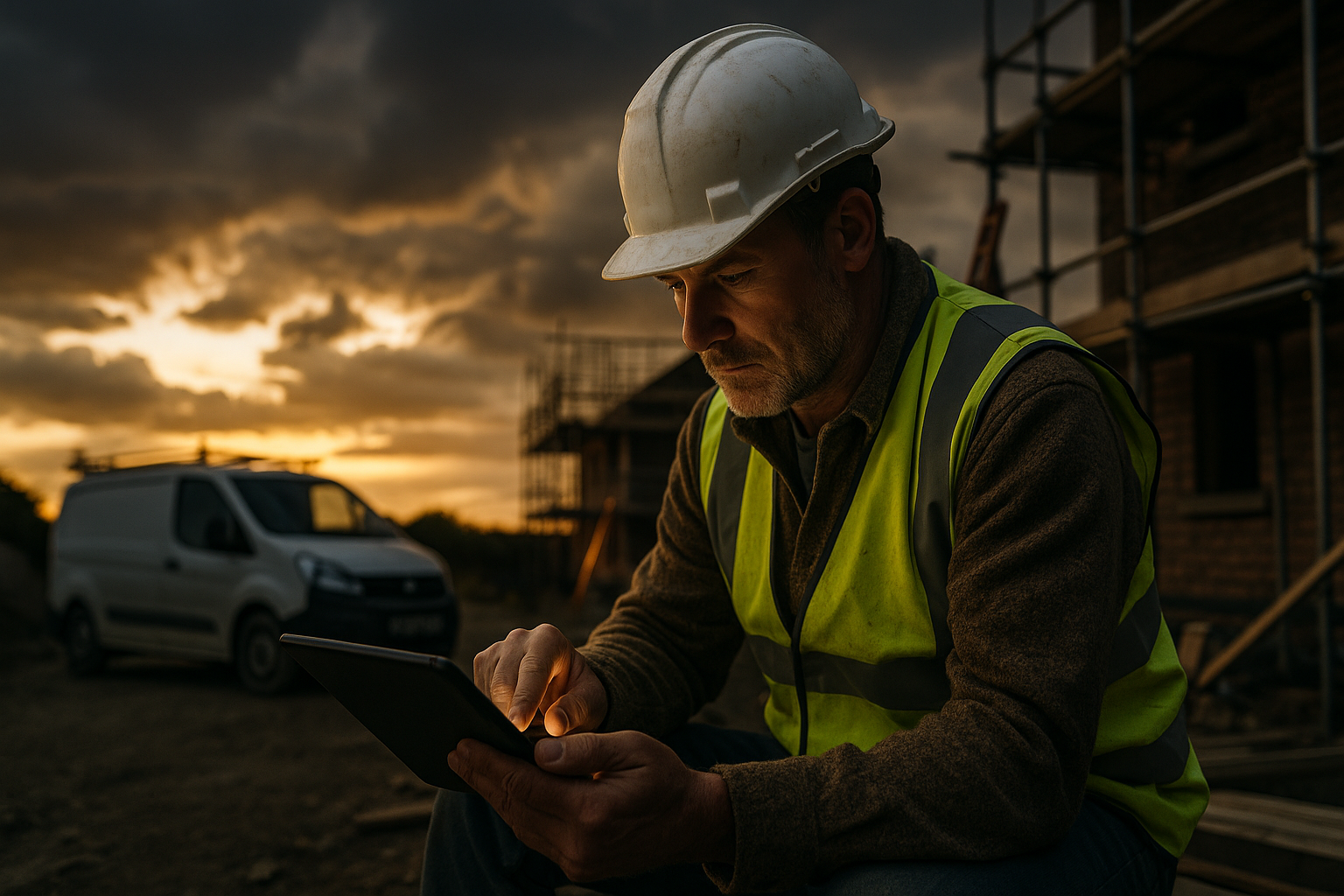 Ultra realistic image for How UK Tradesmen Can Cut Admin Time and Get Paid Faster with ConstruX Project Management Software. Focus: wide cinematic exterior view with dramatic lighting, ultra realistic
