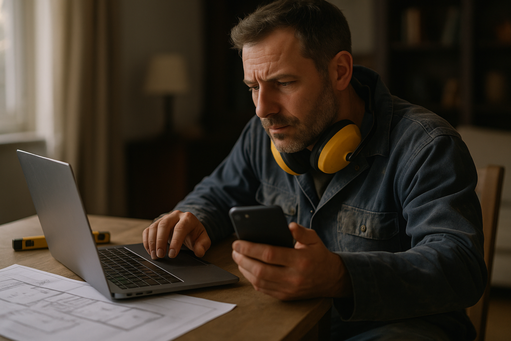 Ultra realistic image for How UK Tradesmen Can Cut Admin Time and Get Paid Faster with ConstruX Project Management Software. Focus: intimate interior detail shot with shallow depth of field, ultra realistic