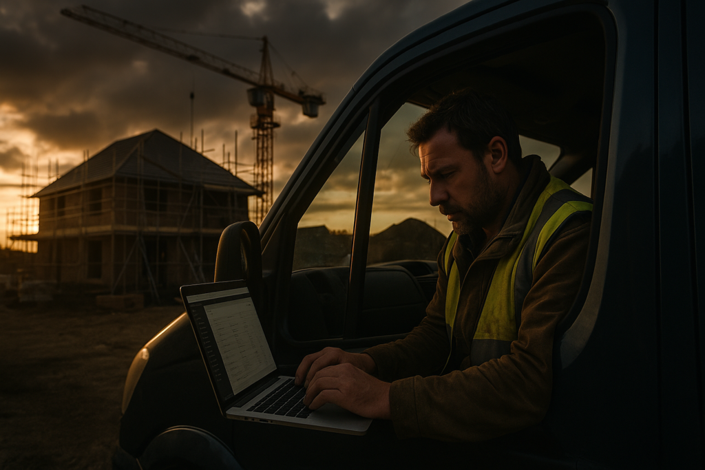Ultra realistic image for How UK Tradesmen Can Slash Admin Time and Get Paid Faster with ConstruX Project Management Software. Focus: wide cinematic exterior view with dramatic lighting, ultra realistic