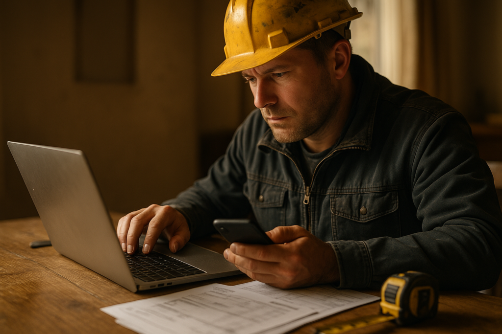 Ultra realistic image for How UK Tradesmen Can Slash Admin Time and Get Paid Faster with ConstruX Project Management Software. Focus: intimate interior detail shot with shallow depth of field, ultra realistic