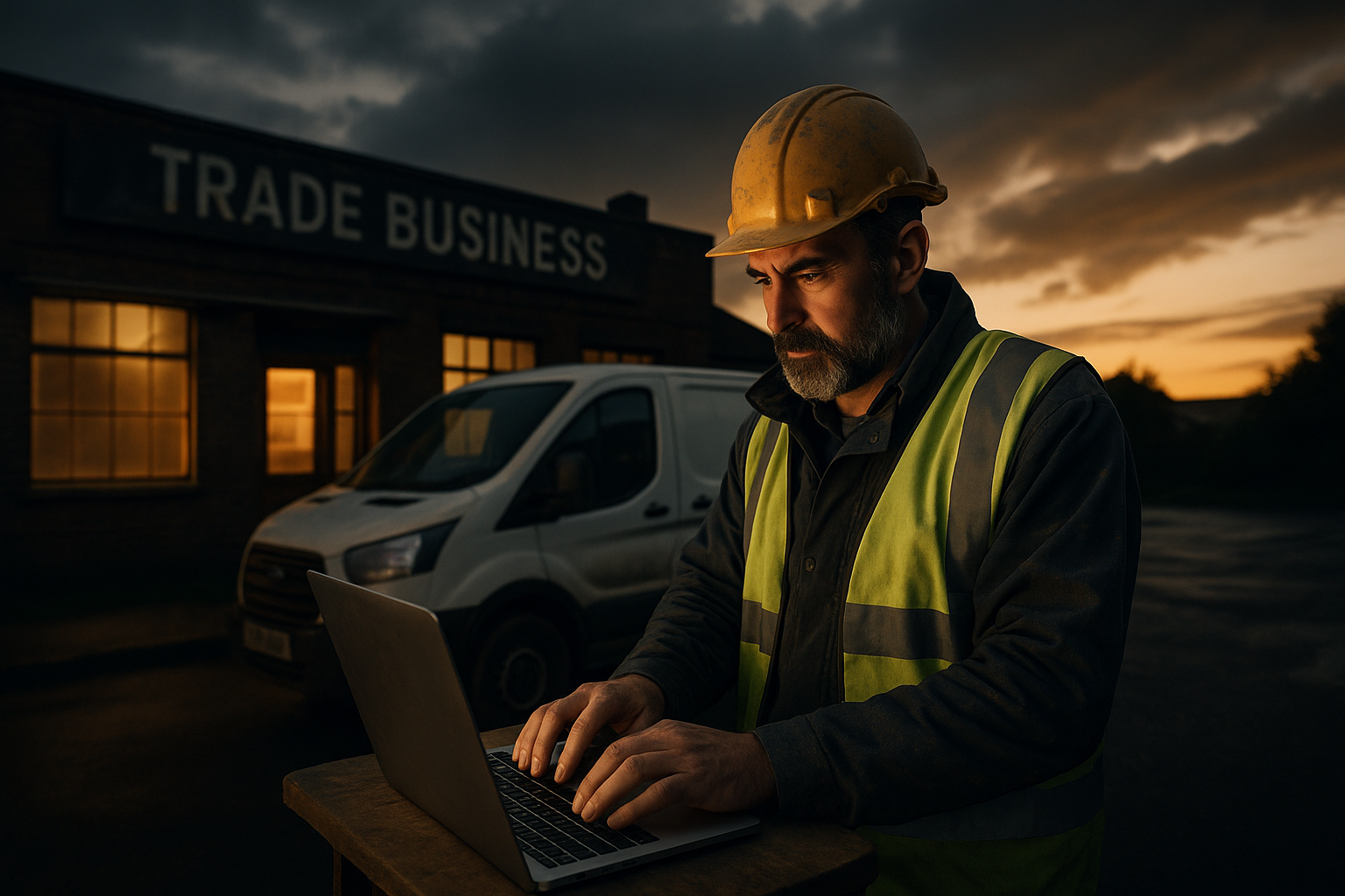Ultra realistic image for How WordPress-Based Project Management Can Transform Your Trade Business. Focus: wide cinematic exterior view with dramatic lighting, ultra realistic