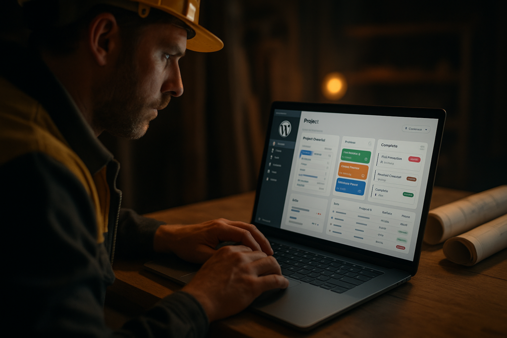 Ultra realistic image for How WordPress-Based Project Management Can Transform Your Trade Business. Focus: intimate interior detail shot with shallow depth of field, ultra realistic