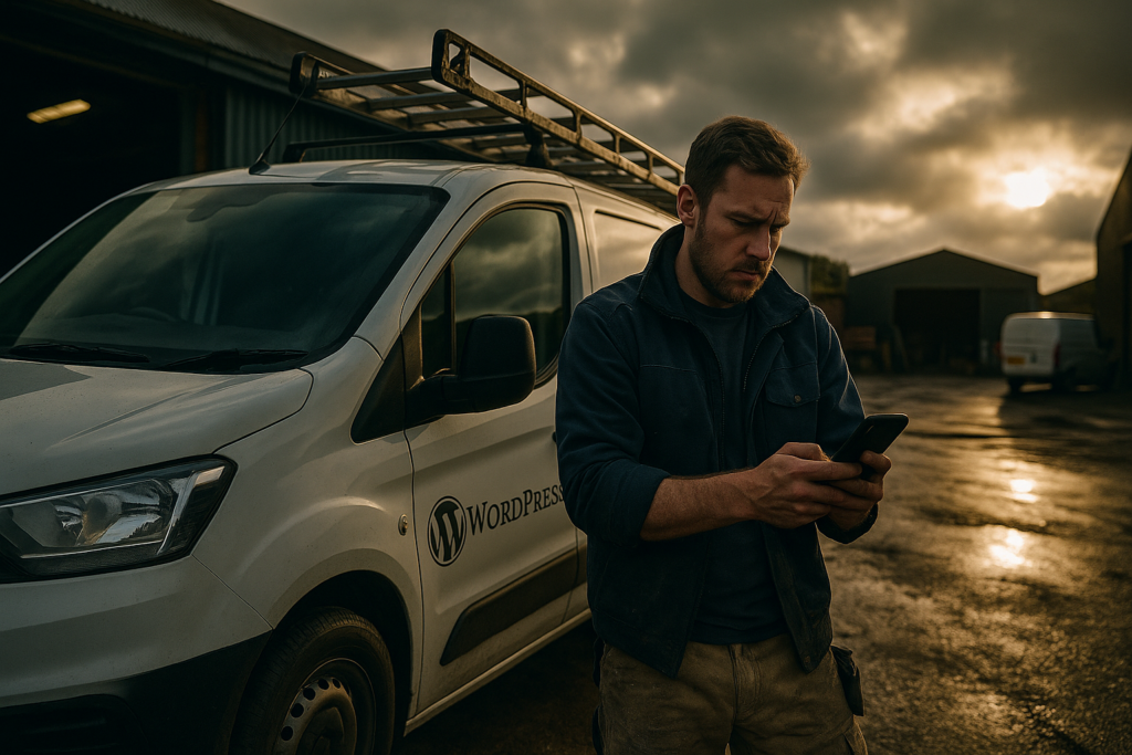 Ultra realistic image for How WordPress-Based Project Management Software Can Transform Your Trade Business. Focus: wide cinematic exterior view with dramatic lighting, ultra realistic