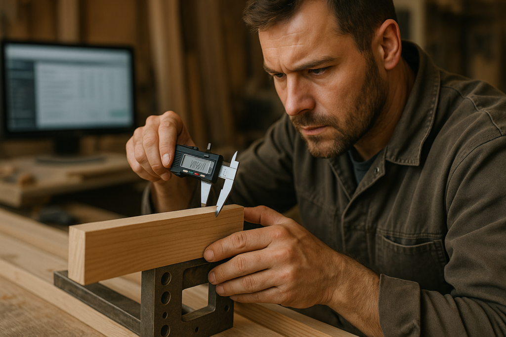 Ultra realistic image for Joinery Companies Improve Quality Control Processes. Focus: intimate interior detail shot with shallow depth of field, ultra realistic