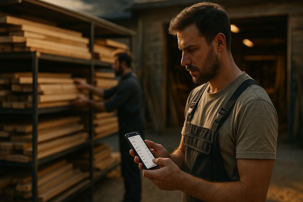 Ultra realistic image for Joinery Teams Use Inventory Apps to Track Stock. Focus: wide cinematic exterior view with dramatic lighting, ultra realistic