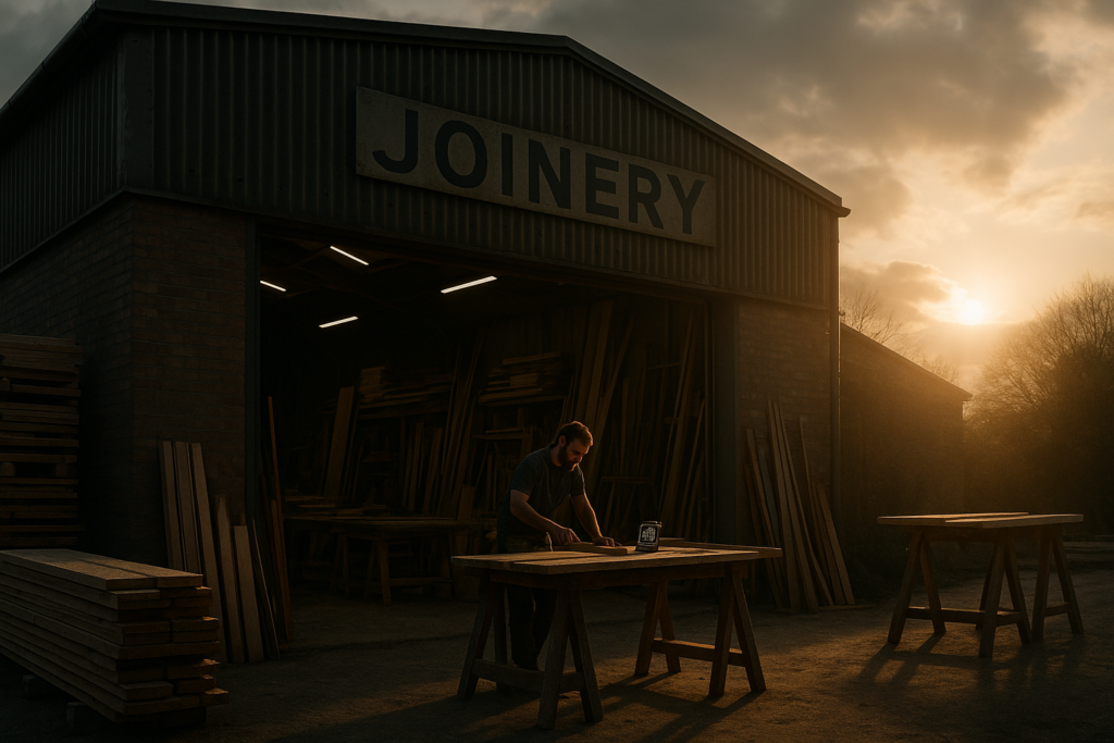 Ultra realistic image for Joinery Workshops Record Job Times Accurately With Timers. Focus: wide cinematic exterior view with dramatic lighting, ultra realistic