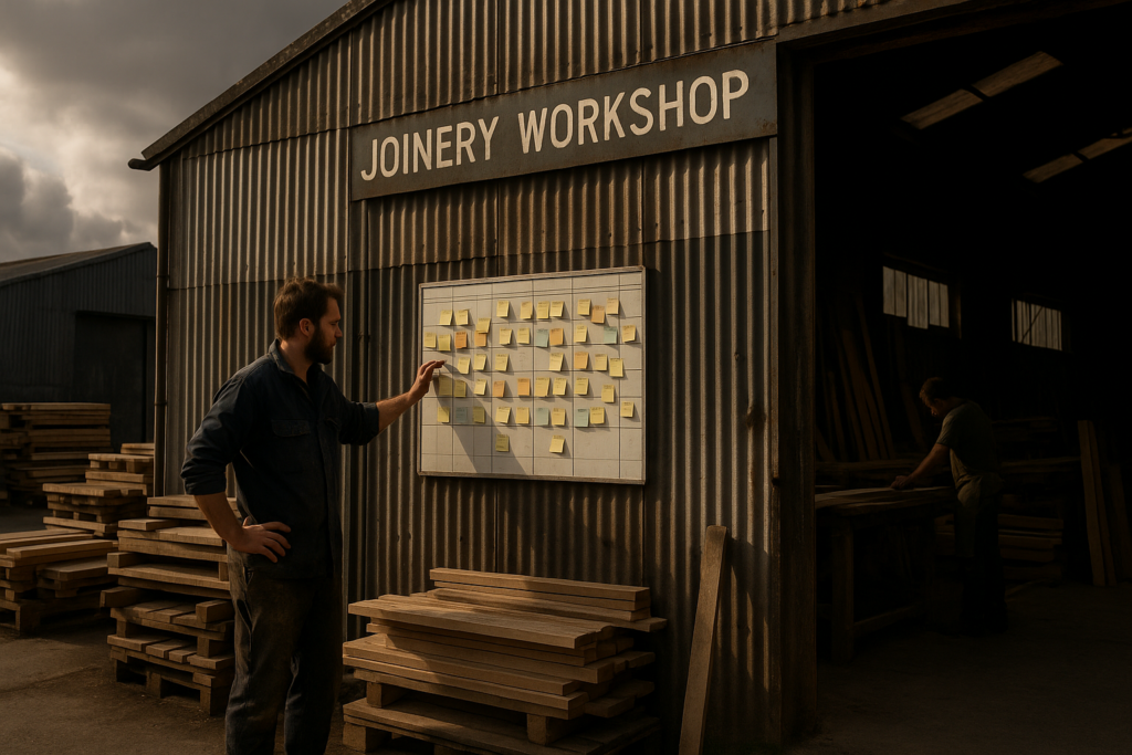 Ultra realistic image for Joinery Workshops Use Scheduling Boards to Plan Workloads. Focus: wide cinematic exterior view with dramatic lighting, ultra realistic