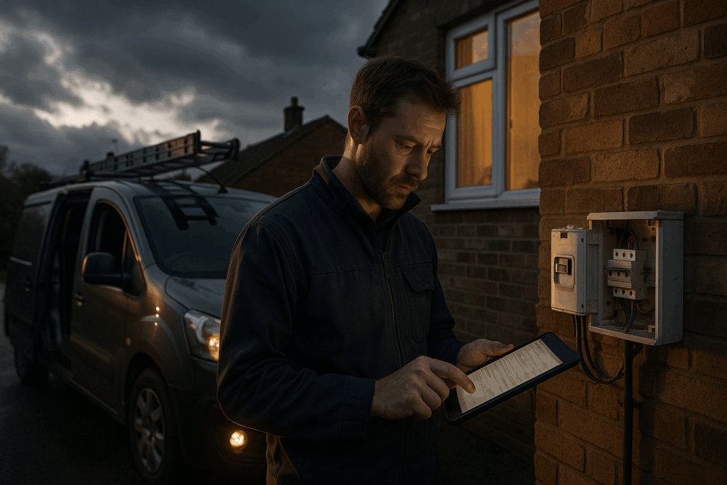 Ultra realistic image for Local Electricians Improve Customer Satisfaction With Fast Quotes. Focus: wide cinematic exterior view with dramatic lighting, ultra realistic