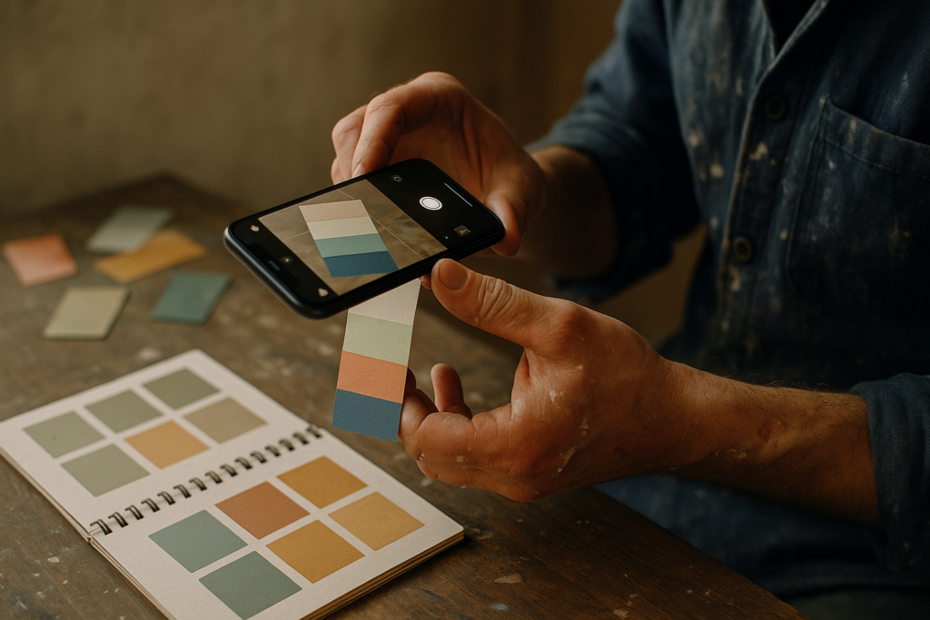 Ultra realistic image for Painters Document Colour Samples With Photo Tools. Focus: intimate interior detail shot with shallow depth of field, ultra realistic