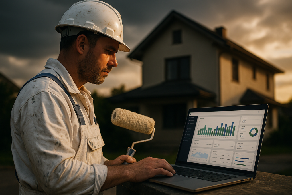 Ultra realistic image for Painters Gain Visibility Across All Jobs Using Dashboards. Focus: wide cinematic exterior view with dramatic lighting, ultra realistic