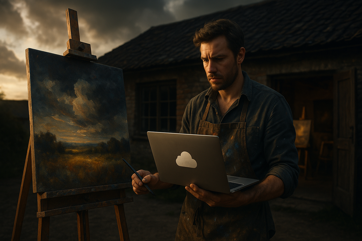 Ultra realistic image for Painters Keep Records Digital Using Cloud Storage. Focus: wide cinematic exterior view with dramatic lighting, ultra realistic
