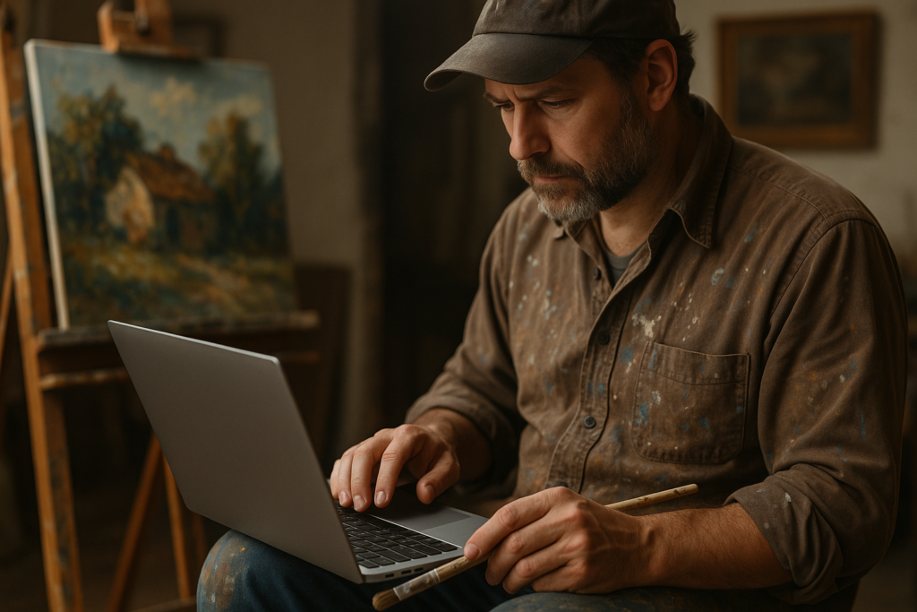 Ultra realistic image for Painters Keep Records Digital Using Cloud Storage. Focus: intimate interior detail shot with shallow depth of field, ultra realistic