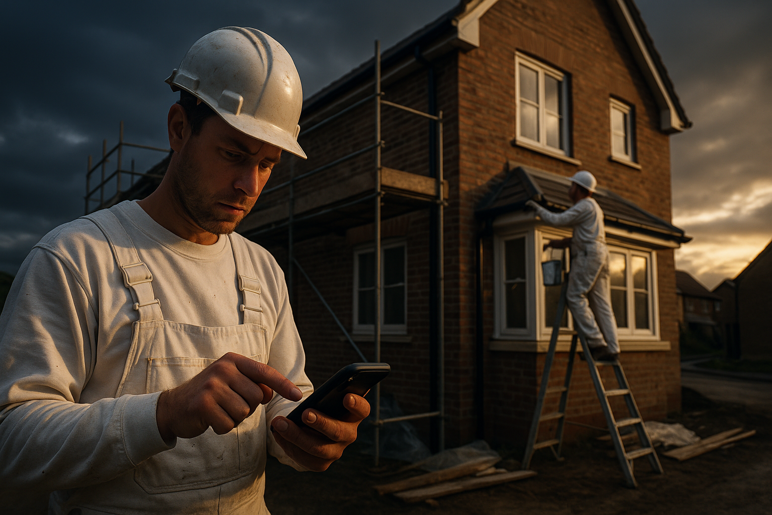 Ultra realistic image for Painters Reduce Delays Using Real Time Coordination Apps. Focus: wide cinematic exterior view with dramatic lighting, ultra realistic