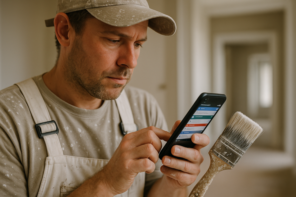 Ultra realistic image for Painters Reduce Delays Using Real Time Coordination Apps. Focus: intimate interior detail shot with shallow depth of field, ultra realistic