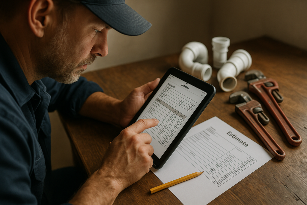 Ultra realistic image for Plumbers Automate Estimates With Smart Templates. Focus: intimate interior detail shot with shallow depth of field, ultra realistic