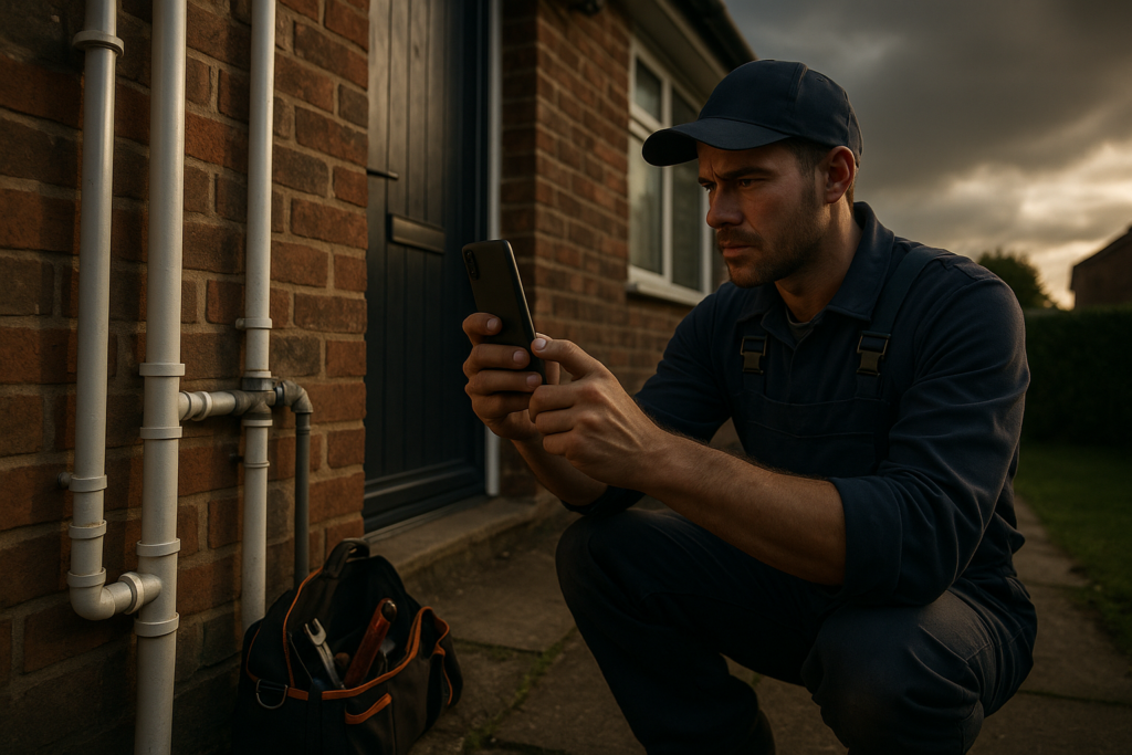 Ultra realistic image for Plumbers Capture Job Photos for Compliance. Focus: wide cinematic exterior view with dramatic lighting, ultra realistic