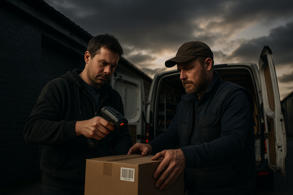 Ultra realistic image for Small Trades Teams Save Time Using Barcode Systems. Focus: wide cinematic exterior view with dramatic lighting, ultra realistic