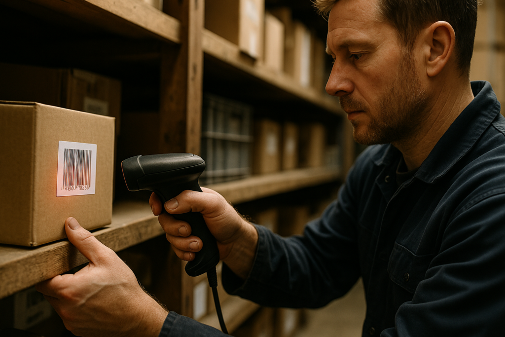 Ultra realistic image for Small Trades Teams Save Time Using Barcode Systems. Focus: intimate interior detail shot with shallow depth of field, ultra realistic