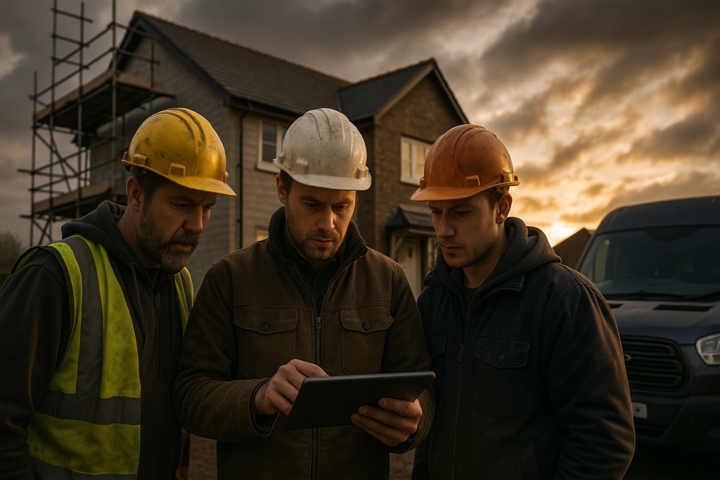 Ultra realistic image for Small Trades Teams Standardise Estimates Using Templates. Focus: wide cinematic exterior view with dramatic lighting, ultra realistic