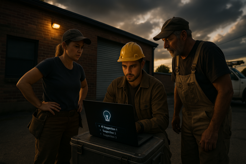 Ultra realistic image for Small Trades Teams Use AI Suggestions for Job Planning. Focus: wide cinematic exterior view with dramatic lighting, ultra realistic