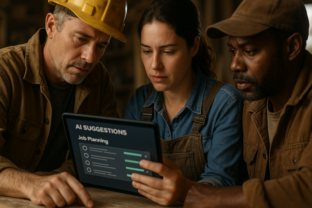 Ultra realistic image for Small Trades Teams Use AI Suggestions for Job Planning. Focus: intimate interior detail shot with shallow depth of field, ultra realistic