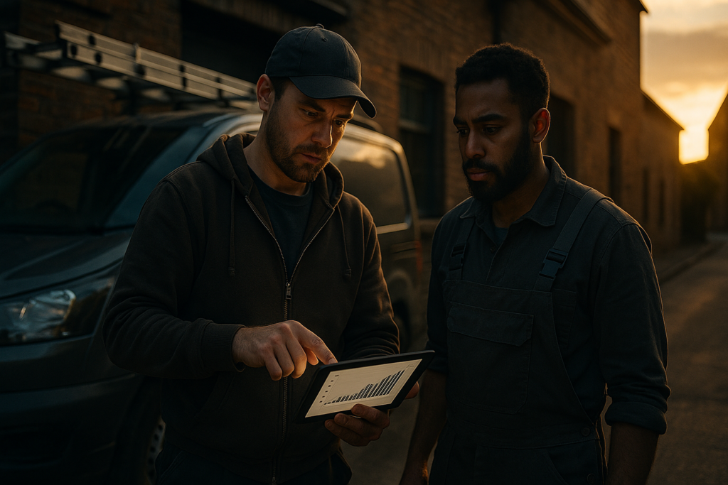 Ultra realistic image for Small Trades Teams Use Reporting Tools to Track KPI Performance. Focus: wide cinematic exterior view with dramatic lighting, ultra realistic