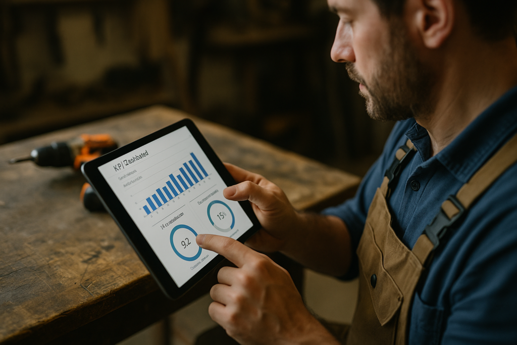 Ultra realistic image for Small Trades Teams Use Reporting Tools to Track KPI Performance. Focus: intimate interior detail shot with shallow depth of field, ultra realistic