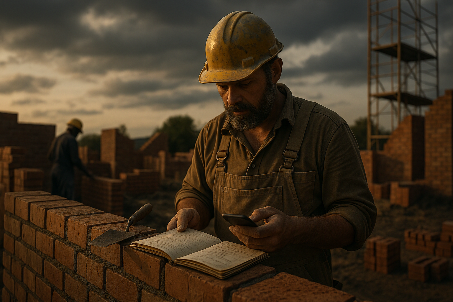 Ultra realistic image for The Bricklayer’s Guide to Gang and Daywork Tracking. Focus: wide cinematic exterior view with dramatic lighting, ultra realistic