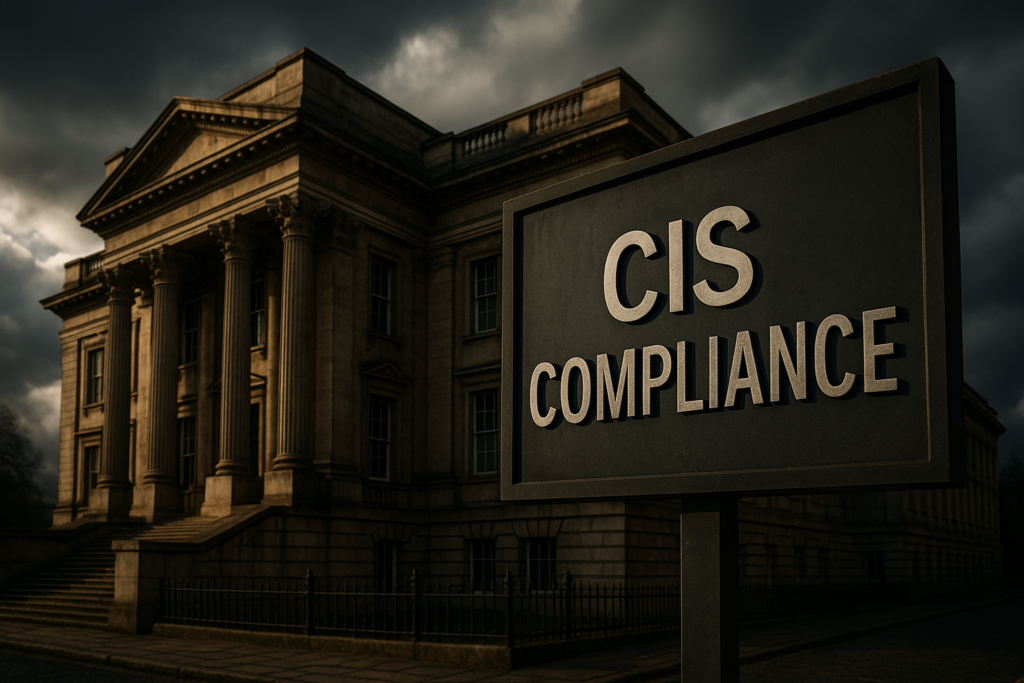 Ultra realistic image for The Complete Guide to CIS Compliance in the UK. Focus: wide cinematic exterior view with dramatic lighting, ultra realistic
