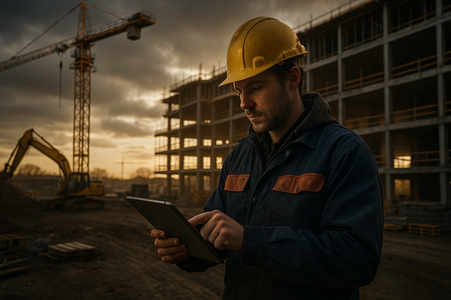 Ultra realistic image for The Complete Guide to Employee Time Tracking for Construction. Focus: wide cinematic exterior view with dramatic lighting, ultra realistic
