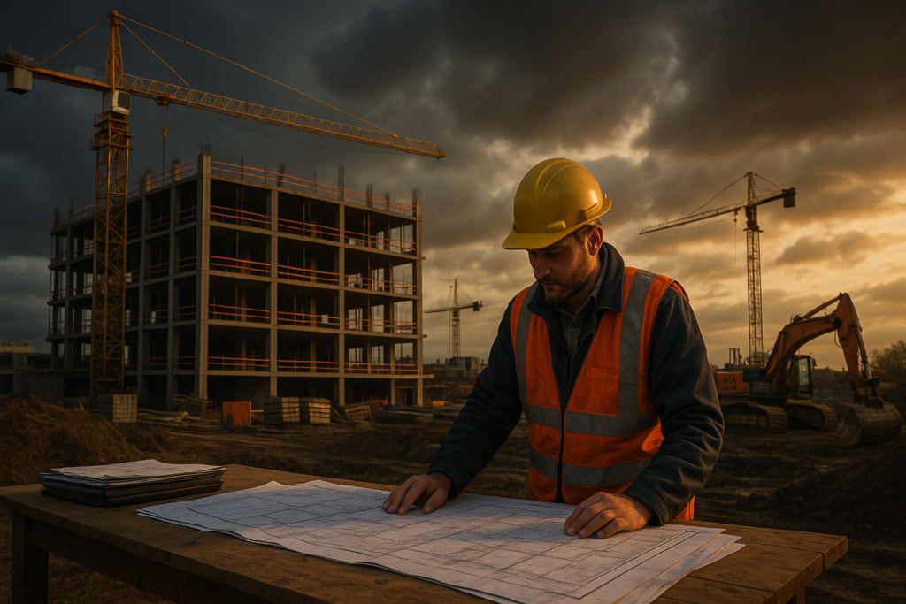 Ultra realistic image for The Complete Guide to VAT for UK Construction Businesses. Focus: wide cinematic exterior view with dramatic lighting, ultra realistic