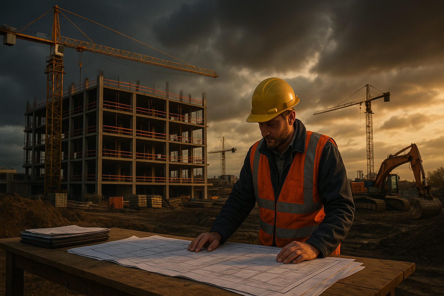 Ultra realistic image for The Complete Guide to VAT for UK Construction Businesses. Focus: wide cinematic exterior view with dramatic lighting, ultra realistic