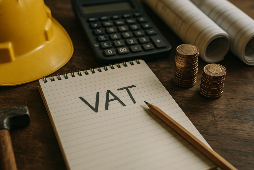 Ultra realistic image for The Complete Guide to VAT for UK Construction Businesses. Focus: intimate interior detail shot with shallow depth of field, ultra realistic