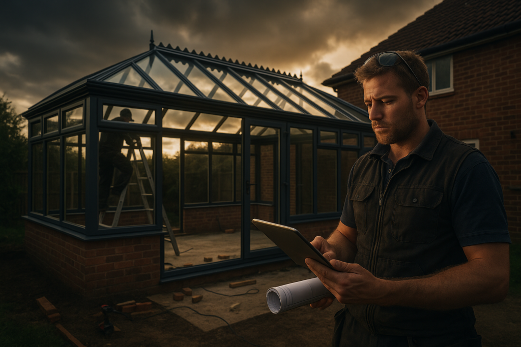 Ultra realistic image for The Conservatory Installer’s Guide to Project Management. Focus: wide cinematic exterior view with dramatic lighting, ultra realistic