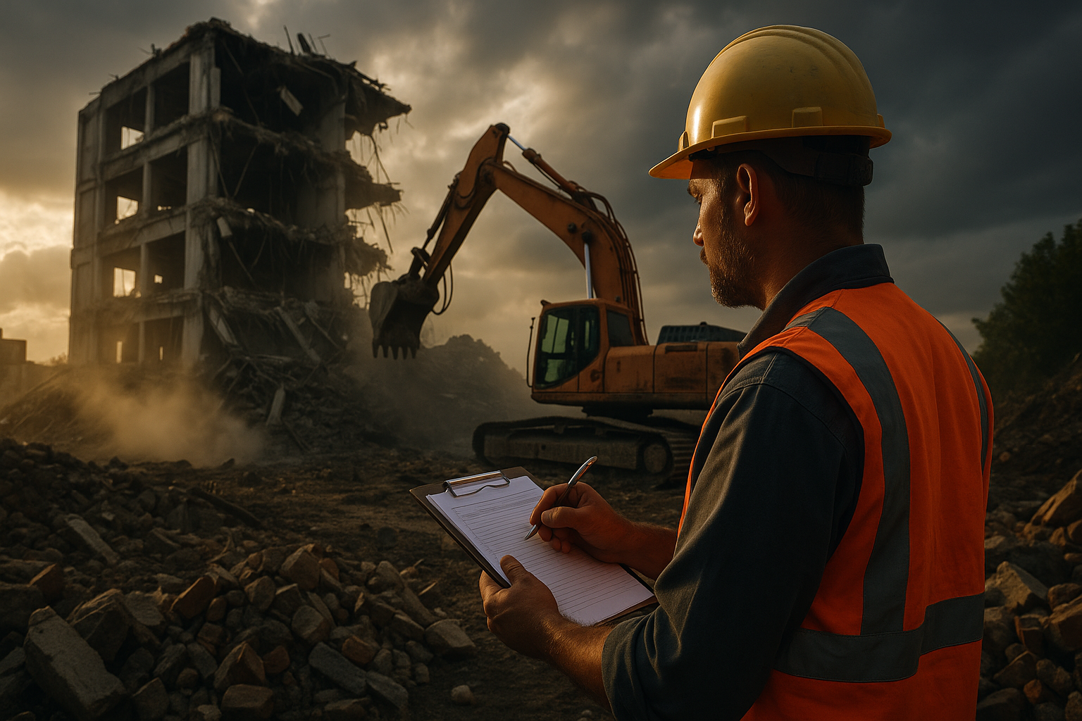 Ultra realistic image for The Demolition Contractor’s Guide to Job Documentation. Focus: wide cinematic exterior view with dramatic lighting, ultra realistic