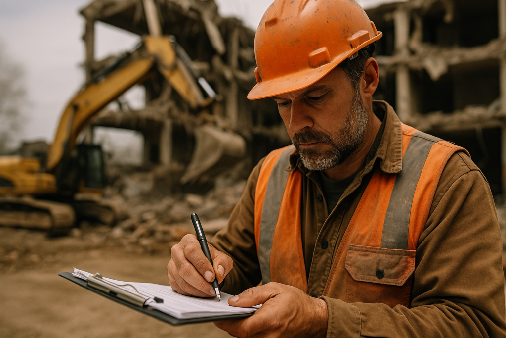 Ultra realistic image for The Demolition Contractor’s Guide to Job Documentation. Focus: intimate interior detail shot with shallow depth of field, ultra realistic