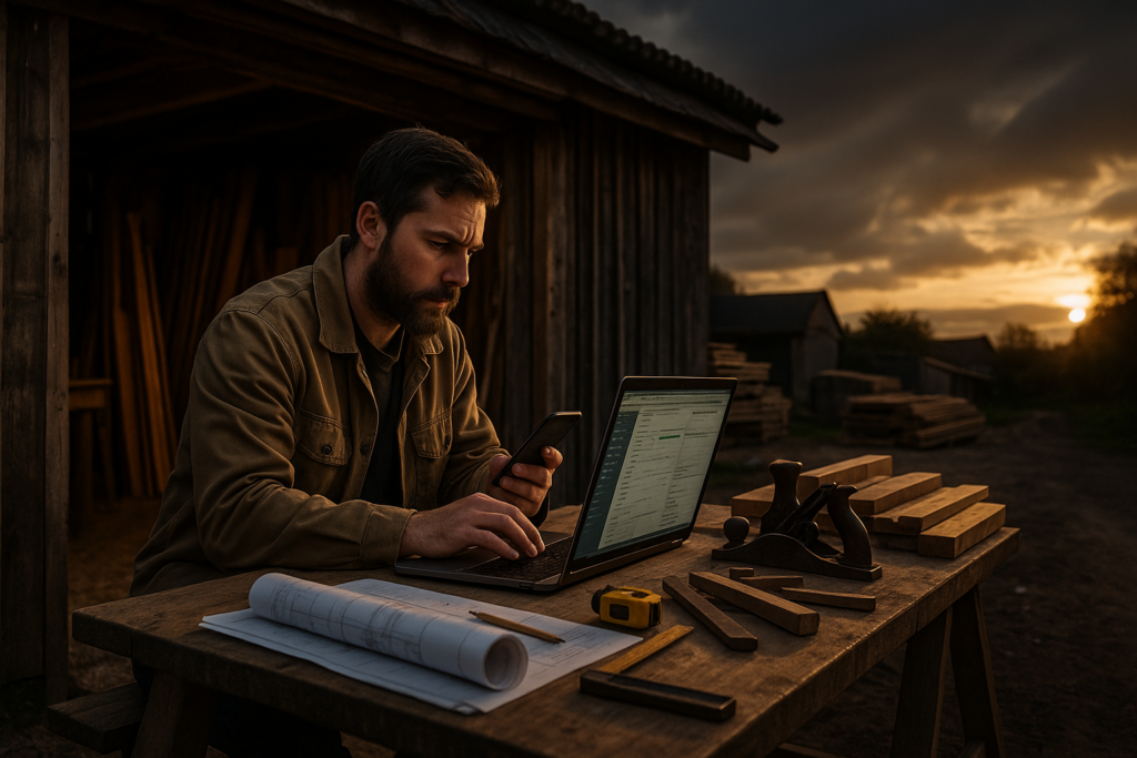 Ultra realistic image for The Joiner’s Guide to Workshop and Site Job Management. Focus: wide cinematic exterior view with dramatic lighting, ultra realistic